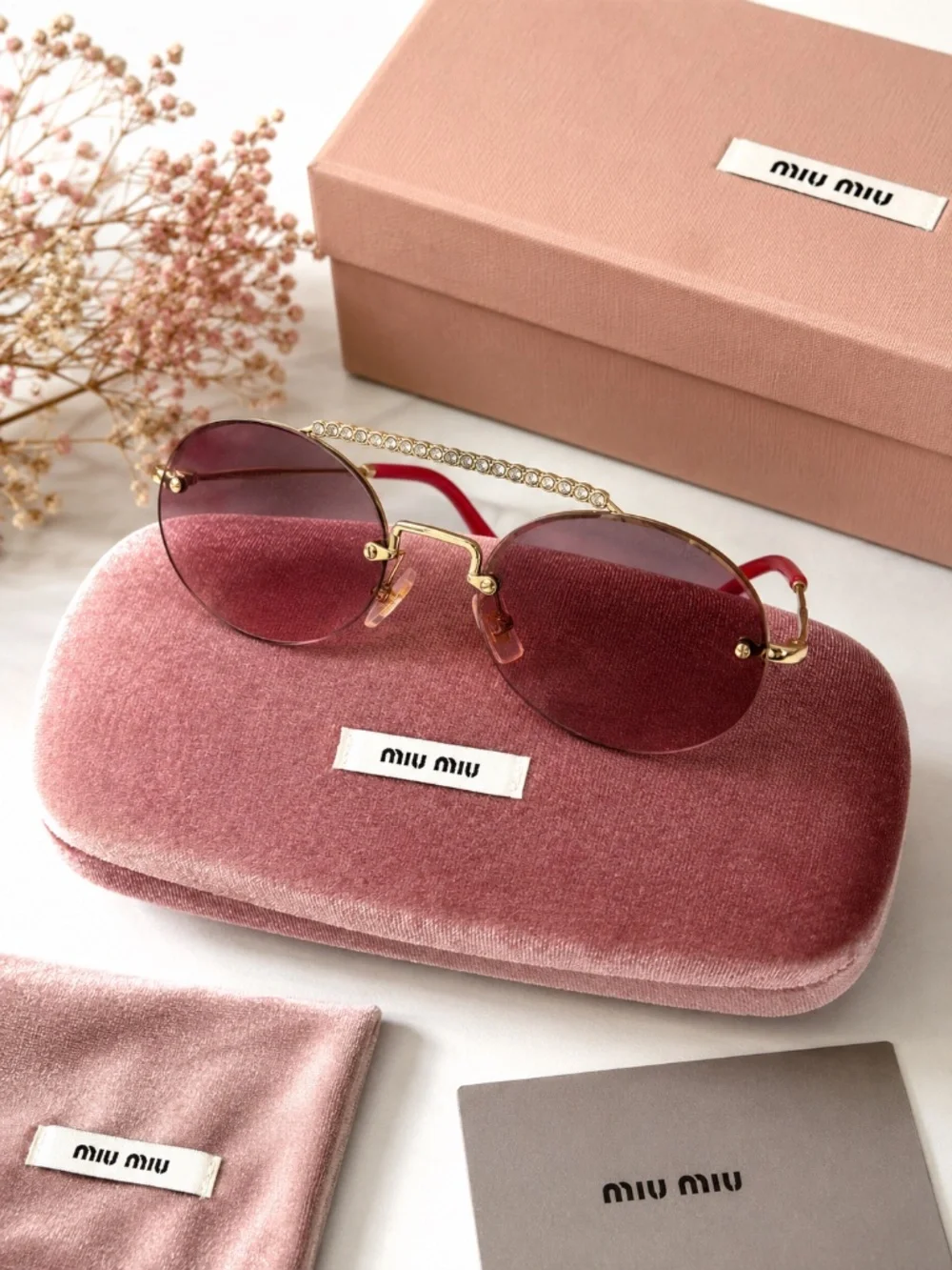 MIU MIU MU 60TS Evolution Rimless Round Sunglasses Pink Rhinestone Case Italy